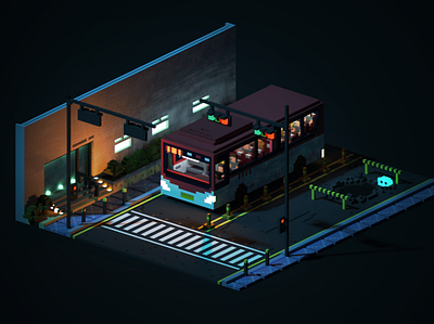 Late night bus illustration isometric illustration lowpoly orthographic voxel