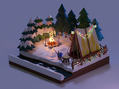 Winter Camping blender illustration isometric illustration lowpoly orthographic