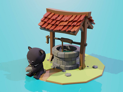 Moon Bear Building a Well animal blender illustration lowpoly