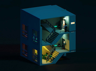 Zombie Night Side A isometric illustration lowpoly orthographic voxel