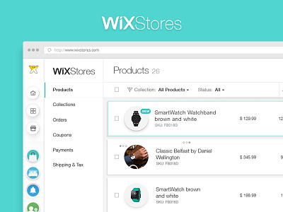 Wix Store Manager app design e commerce icons israel menu navigation product selected ui ux