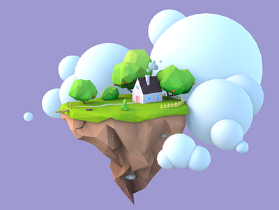 Flying island in the Clouds with the House 3d 3d art 3d artist 3ds max cartoon casual clouds flying house hypercasual illustration island junio lowpoly lowpolyart student stylized