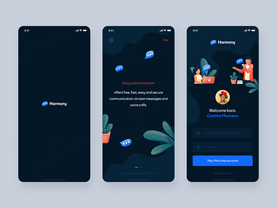Harmony App - Free, fast, easy and secure communication app app application blue chat chat app clean clouds community conversion dark ui design explainer illustration login message mobile mobile app movade ui ux