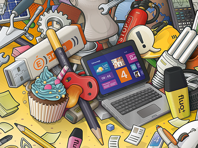 Tools and Trades bulb calculator crayon cupcake extinguisher gearing laptop papers tools trades vector vector illustration
