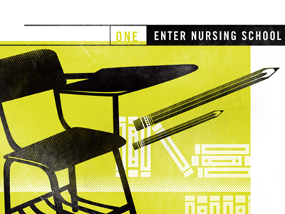 Step One - Enter School books desk halftone illustration infographic nursing pencil