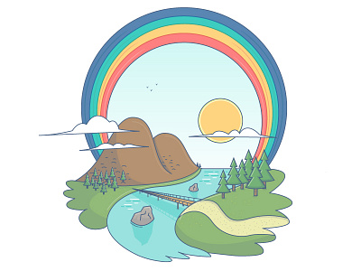 Tierra Arcoiris Illustration illustration landscape mountain pine tree rainbow water