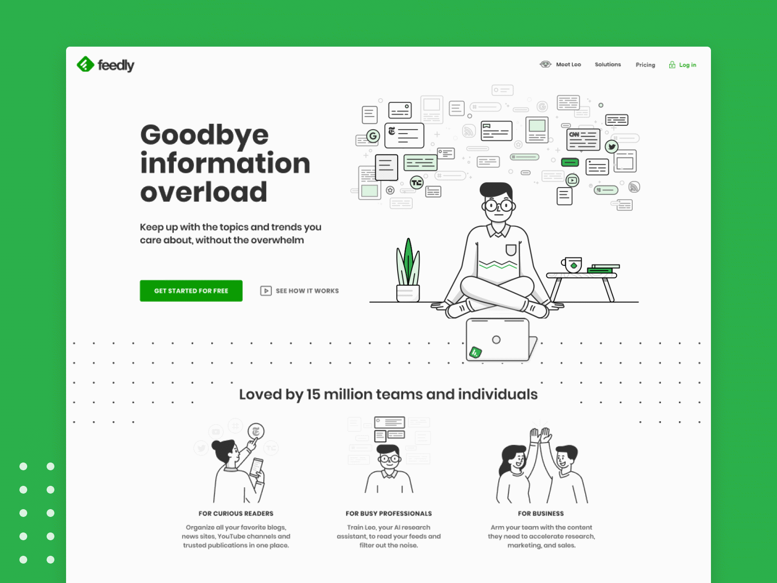 Feedly's new home page ai animation artificial intelligence artificialintelligence design sprint feed feedly homepage illustration landing page machine learning machinelearning rss web webdesign website