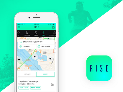 Rise app class fitness green group ios mobile rise running sleek sports training