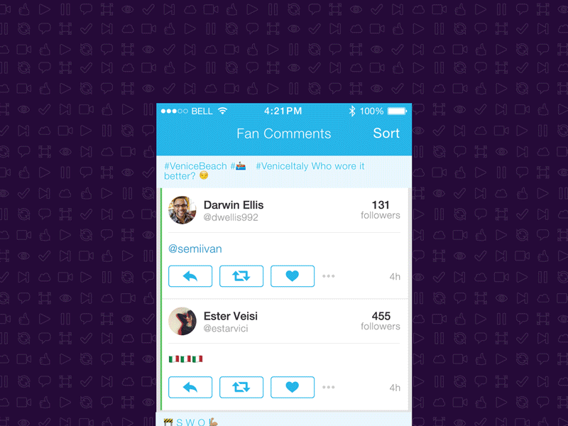 Fan Comments user interface visual design interaction design fan comments social media filter sort comments newsfeed epoxytv epoxy ui