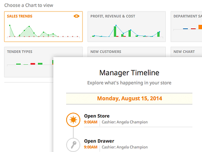 CashierLive Dashboard barchart cashierlive charts dashboard feed graphs interface linechart realpixels timeline ui webapp