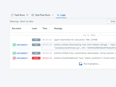 Prefect Logs critical data debug design developer developer tool error info log message logging logs prefect ui ux warning workflow