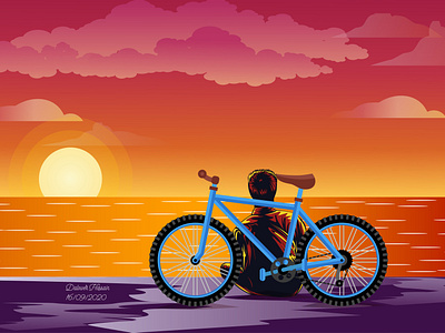 A Man Sitting on Beach Sunset Landscape background background art background design beach bicycle design illustration illustrator landscape landscape illustration light love man sea single sitting sun sunset typography vector