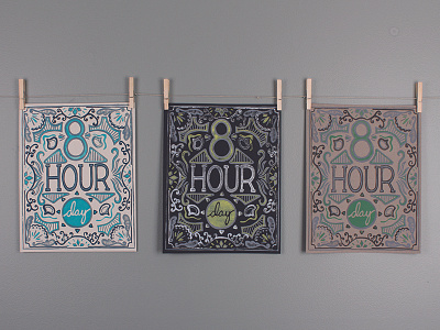 8 Hour Day - Poster Series blockprint design handletter illustration linocut poster print