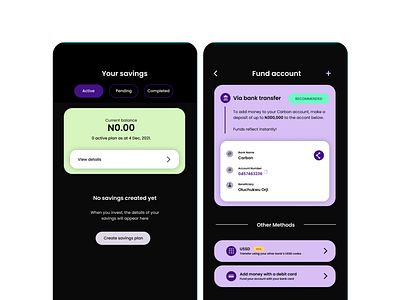 Dark theme for Fintech App ui ux wireframe