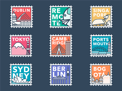 City Postage Stamps berlin bogota cambridge cities dublin illustration monochrome office graphic offices portsmouth postage stamp singapore stamp sydney tokyo typography