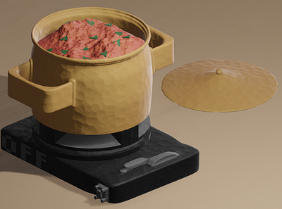 Delicious soup 2.8 3d blender borsch cartoon clay shader eevee green illustration lid pan red render soup stove yellow