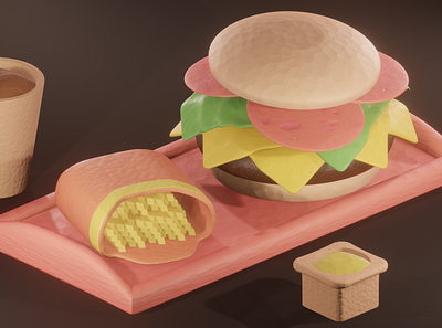 Fast Food 2.8 3d blender burger cartoon clay clay shader cola eevee fast food fries green illustration render sauce tray