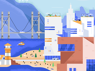 The Good Life cover boat character city cover editorial illustration landscape lighthouse magazine