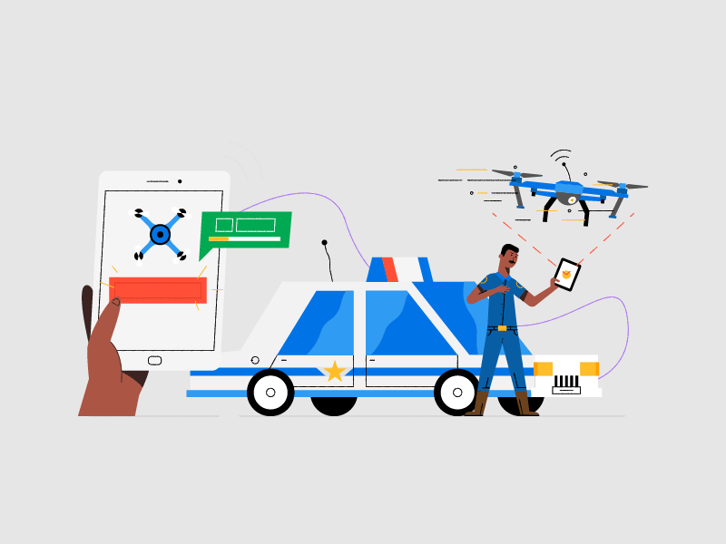 Aireos illustrations car character drone human illustration phone police vehicle