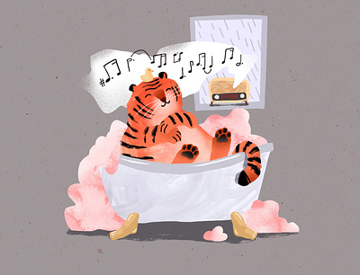 Purrfect Evening 2d bath bathtub character characterdesign digitalart illustration oldradio procreate rain texture tiger