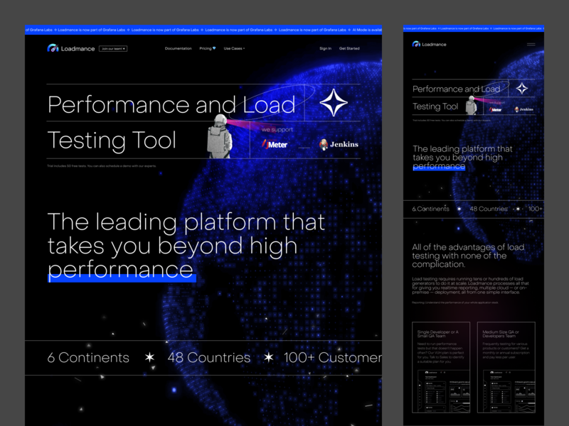 Loadmance - Performance and load testing tool dark design landing load performance testing ui ux website