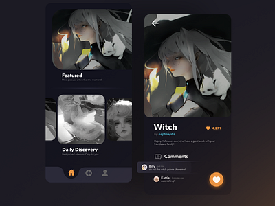 Art Showcase App app art artplatform cards halloween halloween design halloweenthemed mobileapp mobileappdesign product design ui