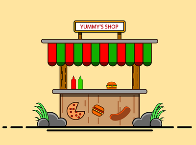 Yummy's shop artist burger design flat food food illustration grass illustration illustrator pizza shop stone trending tutorial vector