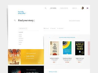 Best Seller to Box Office app books cinema films flat library movies research startup ui ux webdesign