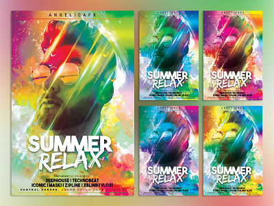 SUMMER RELAX PHOTOSHOP FLYER TEMPLATE abstract art aesthetic colors flyer graphic design holi holi festival illustration illustration art iridescent photoshop template poster poster art poster design rainbow summer summer camp summertime vapor wave water color