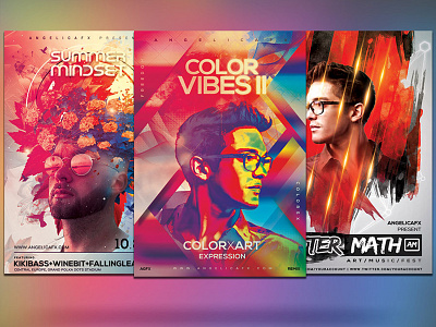 COLORFUL FLYERS BUNDLE PHOTOSHOP TEMPLATE abstract art aesthetic bundle template chill colors flyer graphic design holi festival music festival photoshop template poster design rainbow summer vibes void