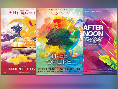 COLORFUL FLYERS BUNDLE PHOTOSHOP TEMPLATE abstract art aesthetic afternoon delight chill colors duotone fantasy flyer graphic design holi festival illustration art japan life music festival photoshop template poster design raibow ramen summer