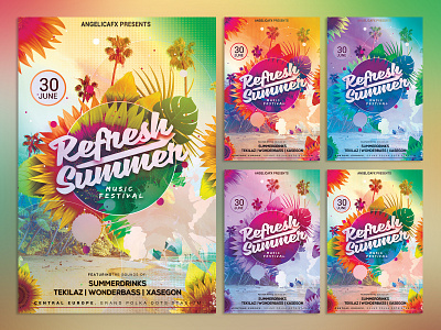 REFRESH SUMMER PHOTOSHOP FLYER TEMPLATE abstract art aesthetic colors design flyer graphic design holi festival music festival photoshop template poster design refreshing styles summer summer flyer summer party vintage summer