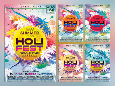 HOLI SUMMER FEST FLYER TEMPLATE abstract art colors design edm electro festival graphic design holi festival music event music festival night club photoshop template summer summer fest techno trance