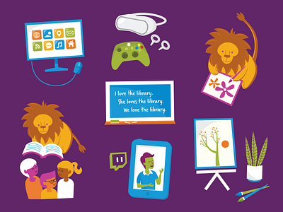 Library Illustrations crafts design education icon illustration library lion reading tech twitch vector