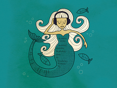 Mermaid with Headphones design fish illustration mermaid midcentury poster design sea vector