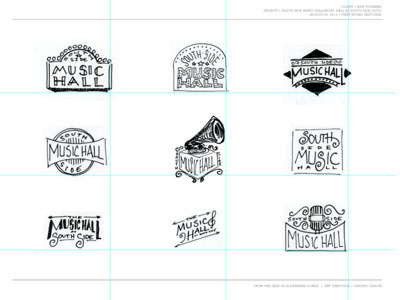 Music Hall Logo Sketches drawing logo presentation sketch sketches thumbnails type typography
