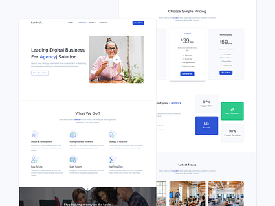 landrick - business agency app and saas bootstrap branding business coworking cryptocurrency design enterprise event hosting hotel illustration job and careers marketing payment personal saas software ui