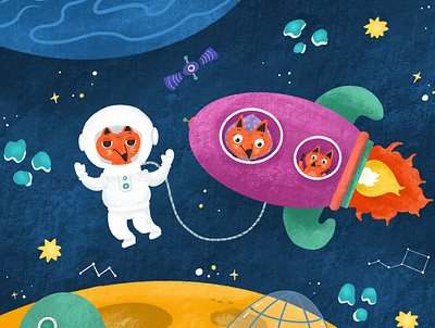 Foxes in space character character design children childrens book childrens illustration design fox illustration space