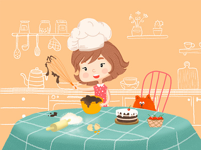 girl cook preparing a cake cake cat character children children book childrens book cook design girl illustration kitchen sweet