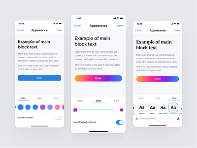 Site's Appearance Settings app appearance builder color customization example font interface ios light theme mobile product design settings ui ux vk