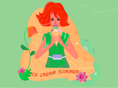 A girl eating an ice cream on a summer day bag eating flat flower food fun girl green happiness harebell ice cream joy lettering shirt summer sweets vector