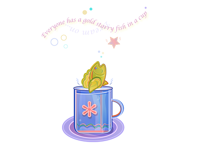 A multicolor fish showing out of a blue cup standing on a plate animal blue cup circles cup dishes drink fish flat happiness illustration joy lettering. liquid multicolor orange flower plate star stripes water web