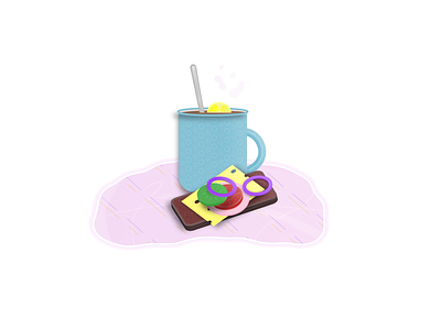 A sandwich and a cup of tea with a lemon 3d bread cheese cucumber cup dinner dishes drink flat food illustration lemon onion sandwich sausage slices spoon tablecloth tomato web