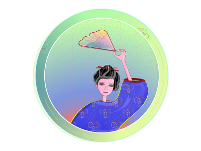 An Asian girl with a fan asia asian girl chinese circle east fan flower pattern hair hair stick holding hand illustration japan kimono multicolor oriental pattern raised hand
