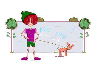 A smiling boy and a dog standing near a wall with some graffiti arrow points boy boy in a hat dog flat graffiti graffiti wall green trees hat illustration kid leashed dog people pets smiling boy smiling dog standing near a wall summer day trees wall