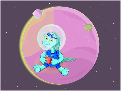 A little dragon dressed in a space helmet astronauts blue blue dragon box in hands circle background cute animal dragon flat funny animal illustration isolated dragon planet present box sitting dragon space space helmet square box stars in space surprise box web