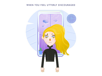 A frustrated and bored girl standing near a window cactus pot clock on a wall discouraged girl female frustrated girl girl in black roll neck girl near a window hanging down hands lady sad face sad look unhappy face unhappy girl utterly discouraged woman yellow hair