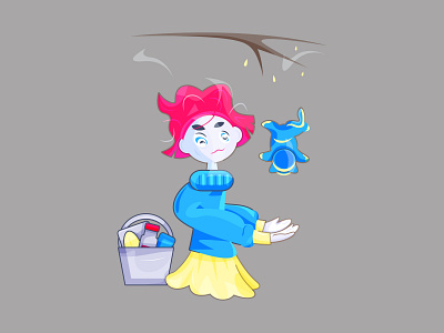 A cat falling in a girl's hands autumn basket full of food blue cat blue sweater bright colors cat falling from a tree color colorful falling down cat funny girl girl and cat girl in a blue sweater girl in a yellow skirt human and animal pink hair quirky saving of a cat vector yellow skirt