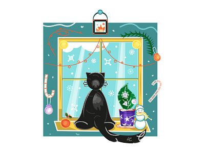 A black cat sitting near window on a winter day 2022 black candlestick card cat christmas flat garland holiday mandarin new year new year ball orange pet snow snowflakwes snowman vector window winter