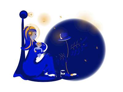 Cosmic mother with a child astronaut blue bright child color cosmic eat family fantasy female girl kid light love lunch mother planet space vector yellow